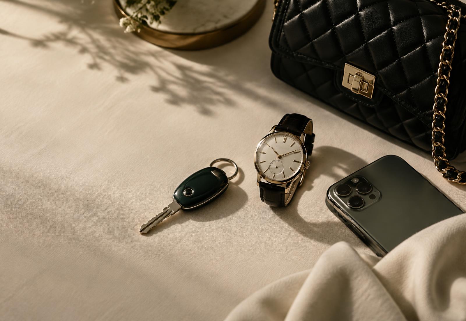 Clé de voiture, montre mécanique, sac en cuir et smartphone posés sur du lin ivoire
